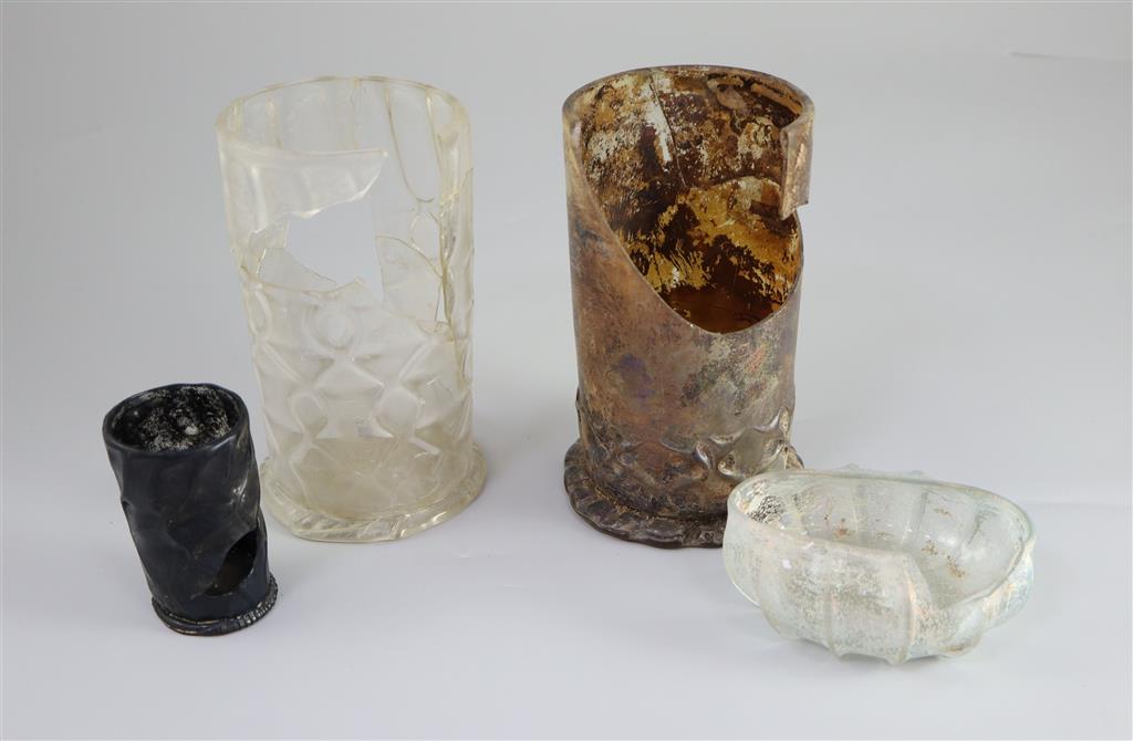 Three Dutch drinking glasses and a similar palm cup, last quarter 17th century, 8cm - 15.5cm